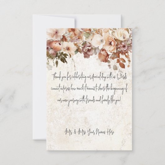Rustikale, neutrale rosa Blütenblütenhochzeit Dankeskarte (Rückseite)