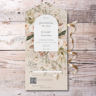 Rustikale Neutrale Tan- und Creme-Blumenbogen-QR-C All In One Einladung