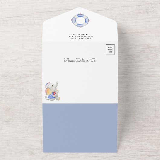 Rustikale Niedliche Elefant Nautical Boat Babydusc All In One Einladung (Außenbereich)