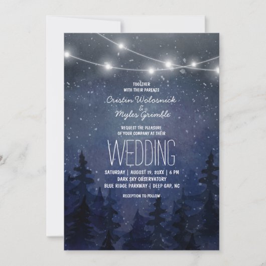 Rustikale Night Sky Forest Wedding | String Lights Einladung (Vorderseite)