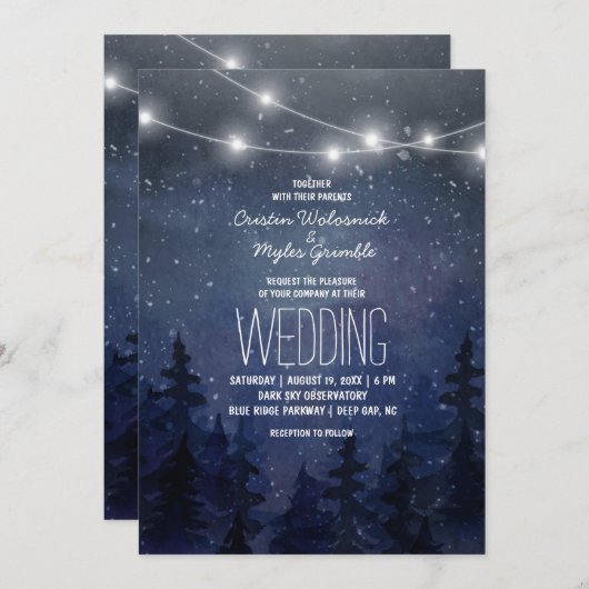 Rustikale Night Sky Forest Wedding | String Lights Einladung (Vorne/Hinten)