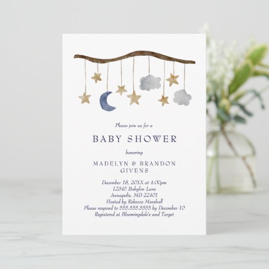 Rustikale Night Sky Moon and Stars Mobile Baby Dus Einladung (Stehend Vorderseite)