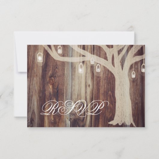 Rustikale Oak Tree Lights Wood Wedding RSVP Cards (Rückseite)