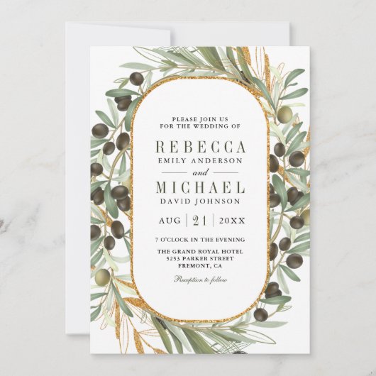 Rustikale Olive Blätter Fotocollage QR Code Hochze Einladung (Vorderseite)