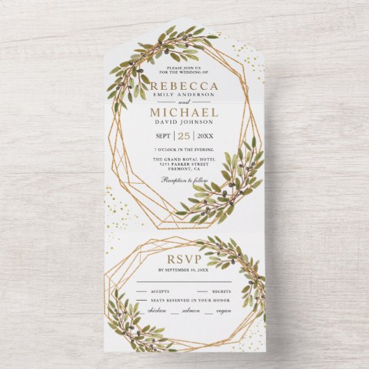 Rustikale Olive Branch Gold geometrische Rahmen Ho All In One Einladung (Innen Boden)