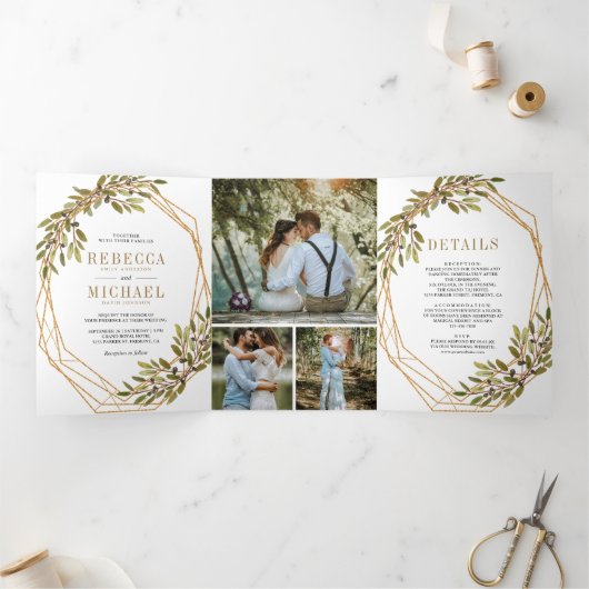 Rustikale Olive Branch Gold Rahmen Hochzeit Dreifach Gefaltete Einladung (Innenseite)
