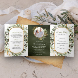 Rustikale Olive Green Gold Blätter Foto Hochzeit Dreifach Gefaltete Einladung