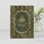 Rustikale Olive Green Gold Damask muslimische Hoch Einladung (Stehend Vorderseite)