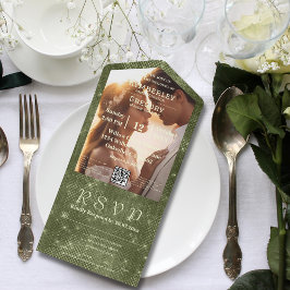 Rustikale Olive Green Imitats Burlap Foto QR Code All In One Einladung