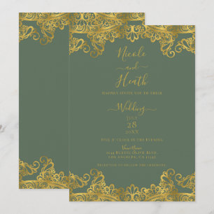Rustikale Olive- und Goldspitze Elegante Hochzeit Einladung