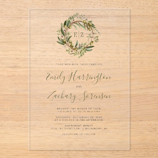 Rustikale Olive Wreath Wedding Acryleinladungen (Vorderseite)