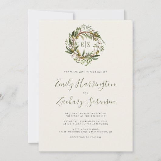 Rustikale Olive Wreath Wedding Einladung (Vorderseite)