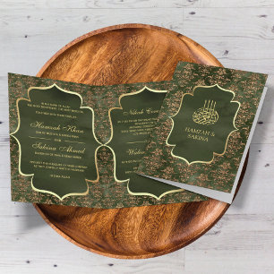 Rustikale Oliven-Gold-Damaskus-Muslim-Hochzeit Einladung