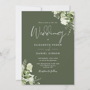 Rustikale Oliven-Grün-Blumen-QR-Code-Hochzeit Einladung