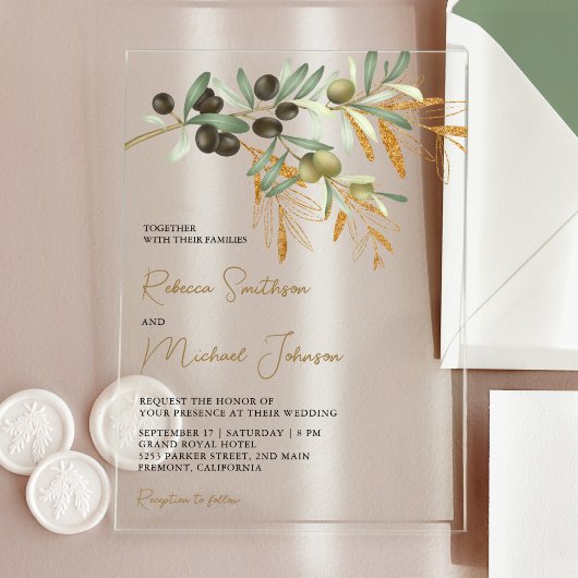Rustikale Olivenblätter Hochzeit Acryleinladungen