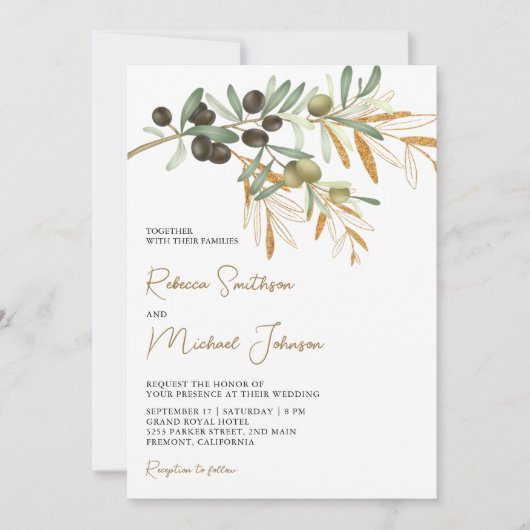 Rustikale Olivenöl-Blätter in einem QR-Code Hochze Einladung (Vorderseite)