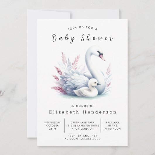 Rustikale Online Swan Baby Dusche Einladung (Vorderseite)