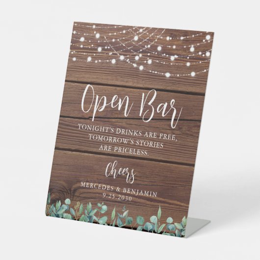 Rustikale Open Bar Greenerity String Lights Weddin Sockelschild (Vorderseite)