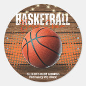 Rustikale Orange Basketball Babydusche Runder Aufkleber (Vorderseite)
