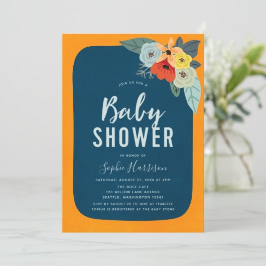 Rustikale Orange Blue Floral Baby Dusche Einladung (Stehend Vorderseite)