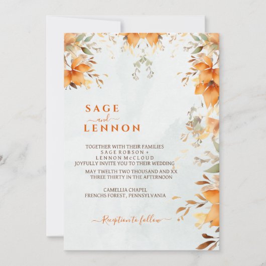 Rustikale Orange Boho Wasserfarbe Blush Hochzeit Einladung (Vorderseite)
