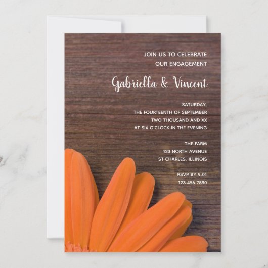 Rustikale Orange Daisy Ranch Engagement Party Einladung (Vorderseite)