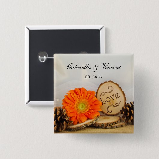 Rustikale Orange Daisy Woodland Wedding Button (Vorne & Hinten)