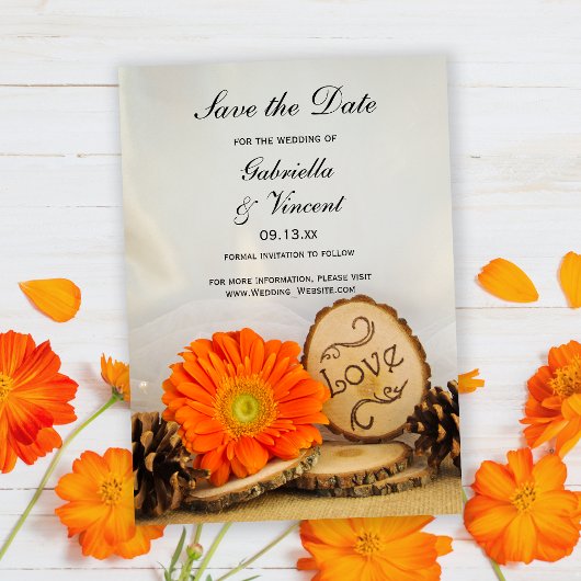 Rustikale Orange Daisy Woodland Wedding rettet das Einladung