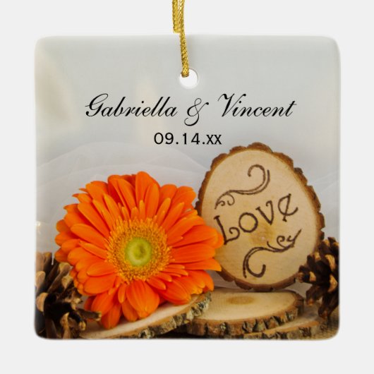 Rustikale Orange Daisy Woods Wedding Keramikornament (Vorderseite)