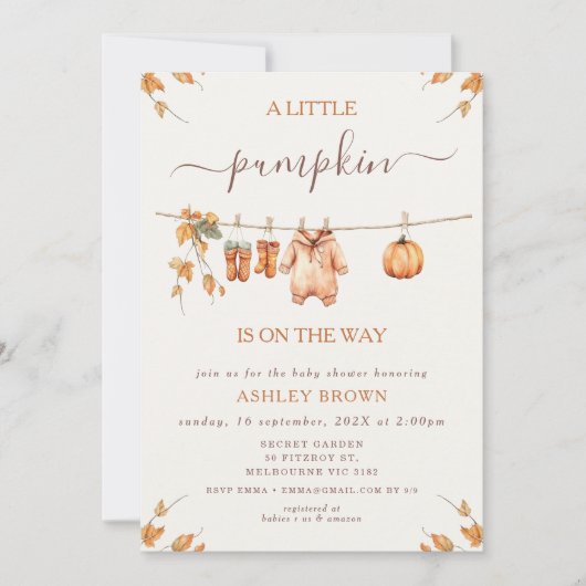 Rustikale Orange Fall Foliage Clotheline Baby Show Einladung (Vorderseite)