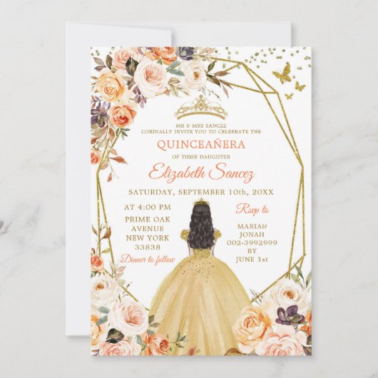 Rustikale Orange Fall Prinzessin Quinceañera Einla Einladung (Vorderseite)