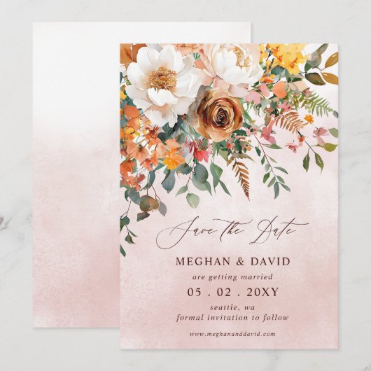 Rustikale Orange Florale Herbsthochzeit Save The Date (Vorne/Hinten)