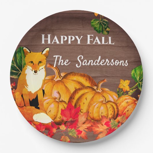 Rustikale Orange Fox Pumpkin Herbst Herbst Blätter Pappteller (Vorderseite)