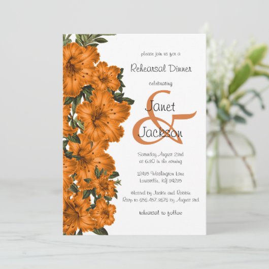 Rustikale orange Lilien - Proben-Abendessen Einladung (Stehend Vorderseite)