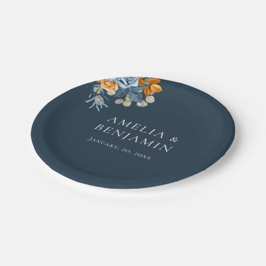 Rustikale Orange Terracotta Navy Blauer Rost Hochz Pappteller (Schrägansicht)