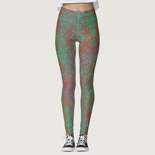 Rustikale Orange- und Green Damask Boho Style Legg Leggings (Vorderseite)
