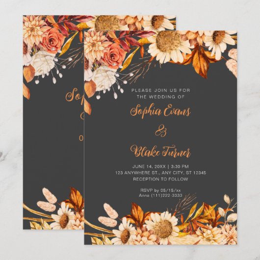 Rustikale Orange White Blume Boho Gray Wedding Einladung (Vorne/Hinten)