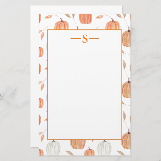 Rustikale Orange White Pumpkins Herbstlaub Monogra Briefpapier (Vorne/Hinten)