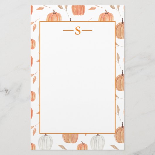 Rustikale Orange White Pumpkins Herbstlaub Monogra Briefpapier (Vorderseite)