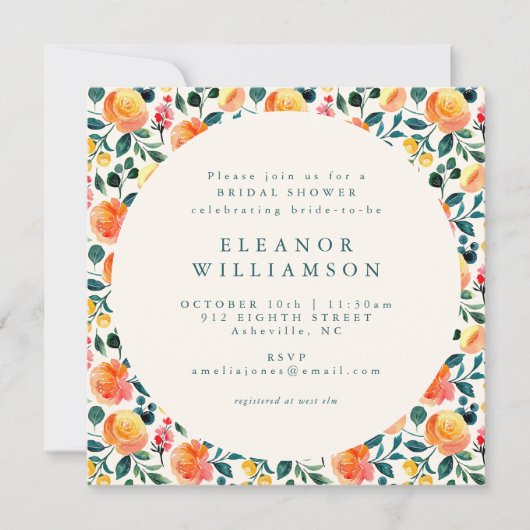 Rustikale Orangefarbene Blumendusche Square Einladung (Vorderseite)