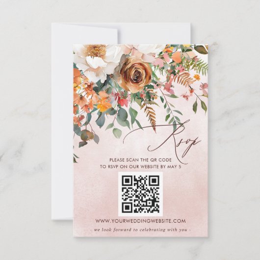 Rustikale Orangefarbene Hochzeit im Herbst QR CODE RSVP Karte (Vorderseite)