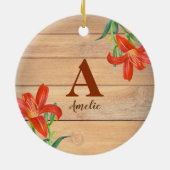 Rustikale Orangefarbene Lilly Floral Monogramm Keramik Ornament (Hinten)