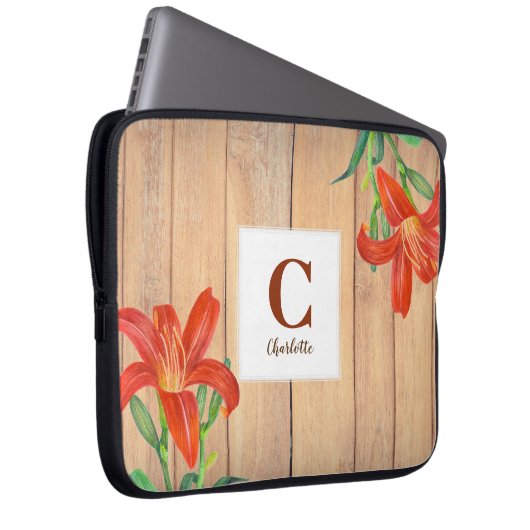 Rustikale Orangefarbene Lippenart Monogramm Laptopschutzhülle (Vorne Rechts)