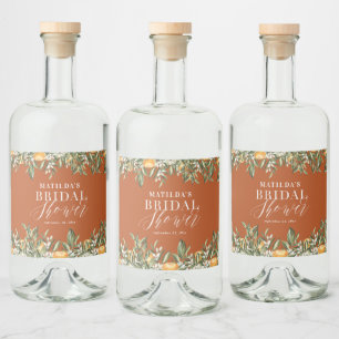 Rustikale orangefarbene Zitrus-Blumen-Hochzeitspar Alkoholflaschenetikett