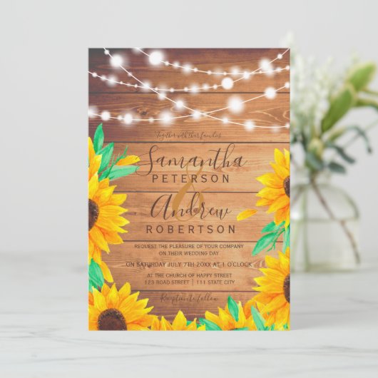 Rustikale Orangenholz-Saitenlichter Einladung (Stehend Vorderseite)