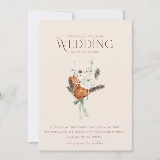 Rustikale Orangenscheiben Weiße Blume Hochzeit Einladung (Vorderseite)