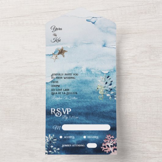 Rustikale Ozeanreaktion durch Hochzeit All In One Einladung (Innen Boden)