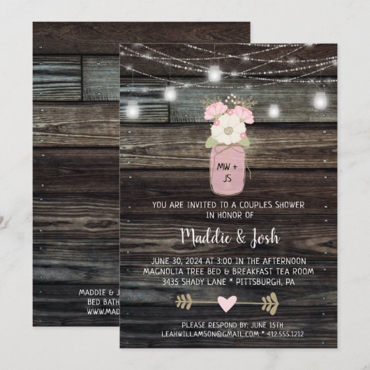 Rustikale Paare Dusche Mason Jar Lights Boho Flora Einladung (Vorne/Hinten)