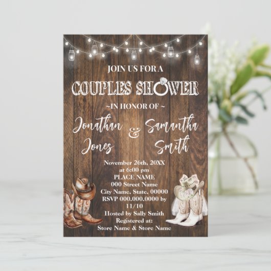 Rustikale Paare Dusche Western Braun Hochzeit Einladung (Stehend Vorderseite)