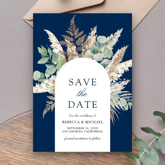Rustikale Pampas Eucalyptus Arch Navy Blue Wedding Save The Date